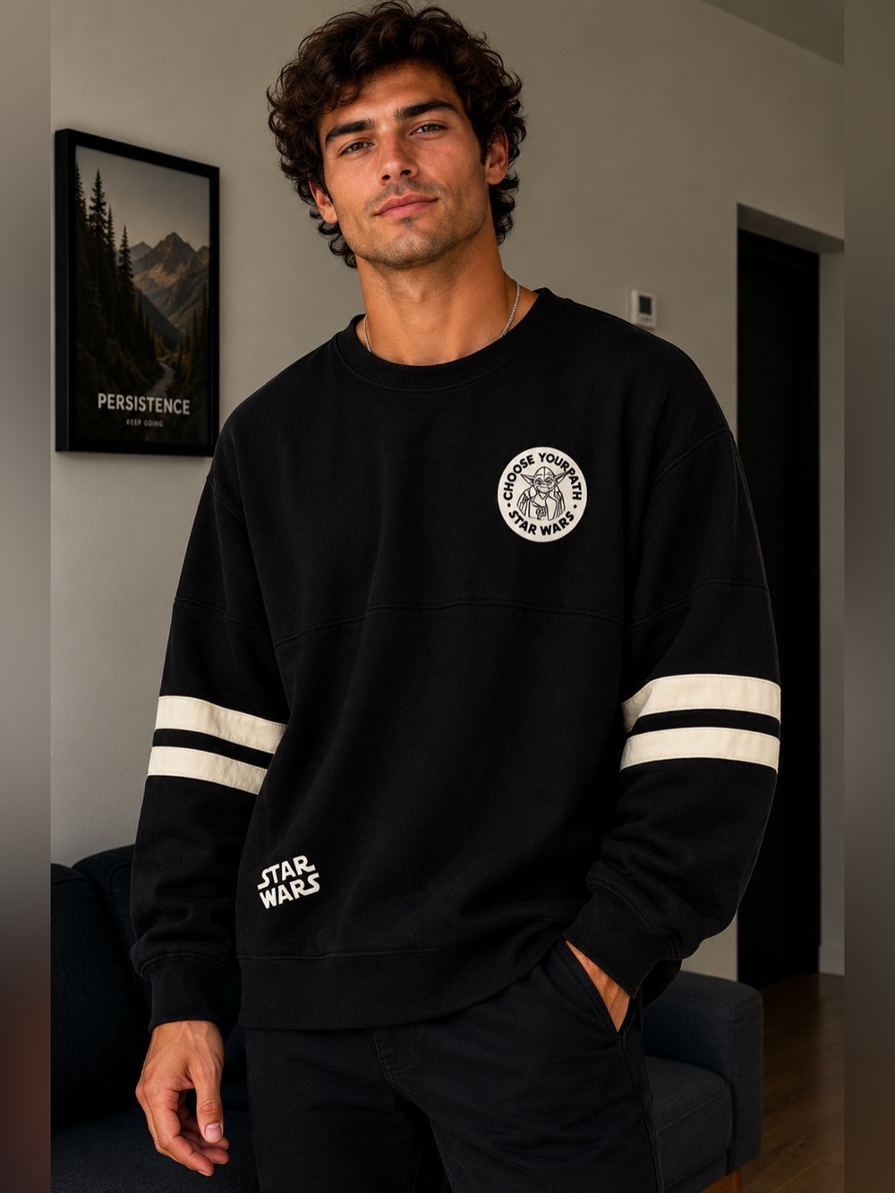Disney Black Crewneck Sweater with Cream Sleeve Stripes
